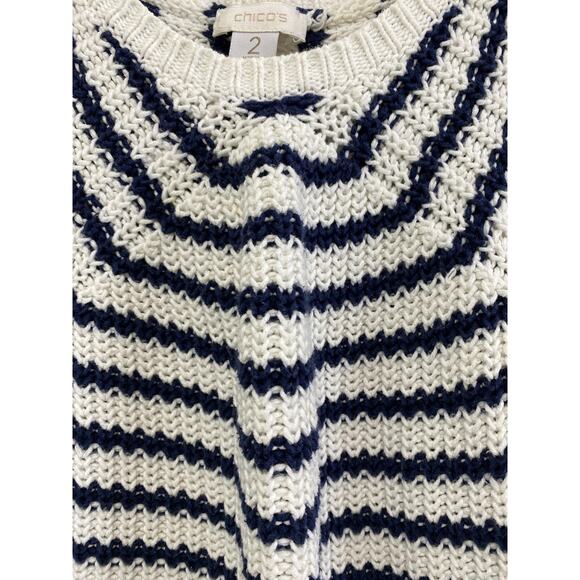 Chicos Ashlyn Striped Pullover Sweater Size L 2 Navy Nautical Flattering Ruched - Picture 3 of 7